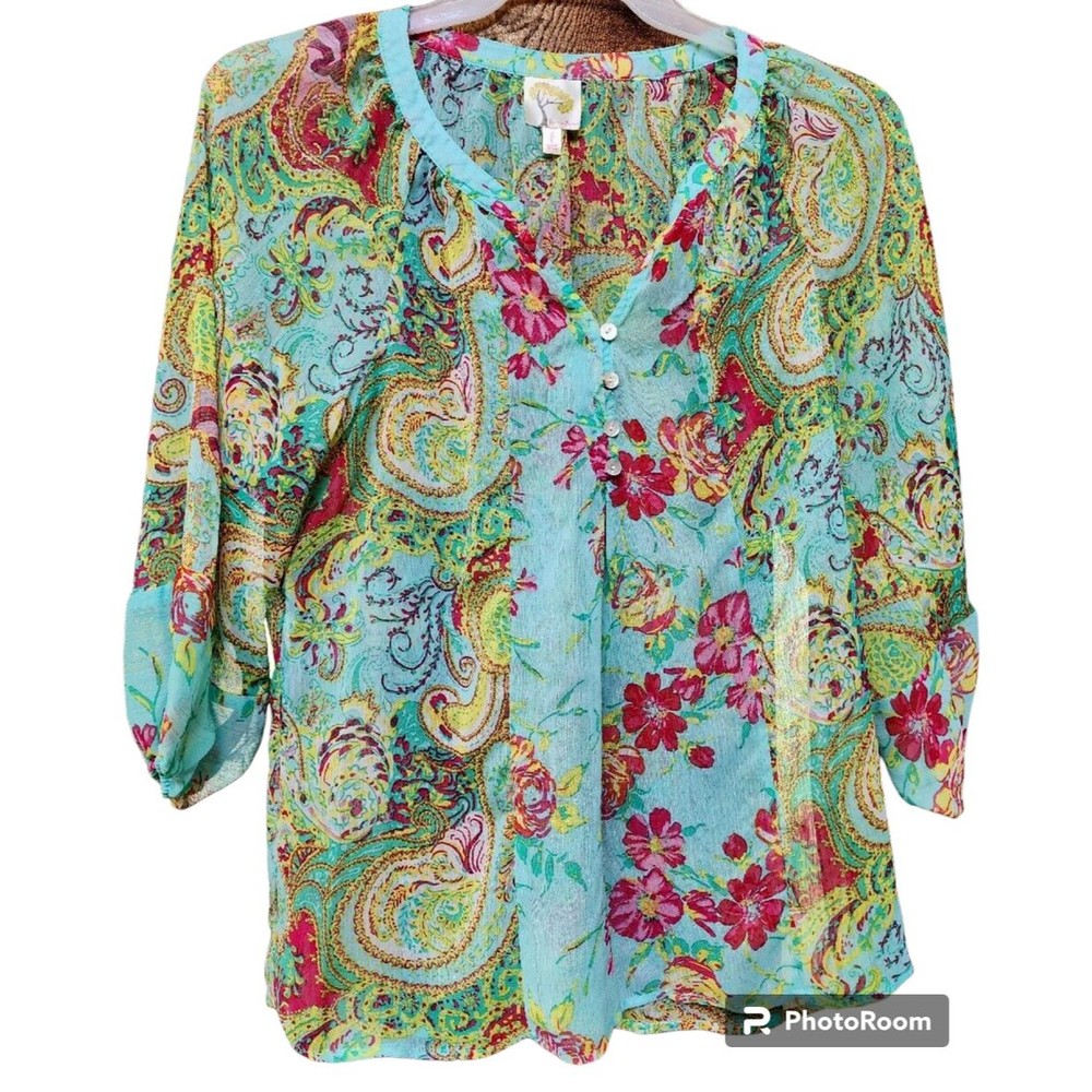 Fig & Flower Floral Top Size Large MOP Buttons Hippie Boho